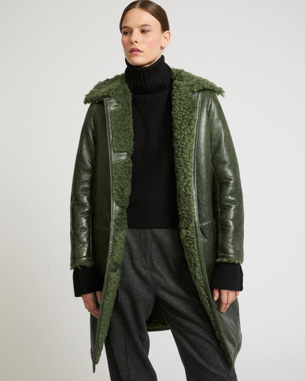 Patent merino straight coat with flat collar - green - Yves Salomon