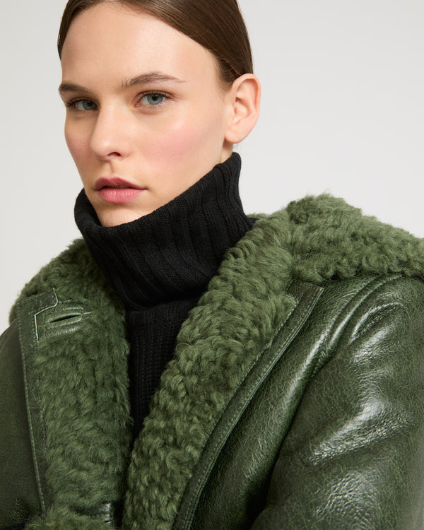 Patent merino straight coat with flat collar - green - Yves Salomon