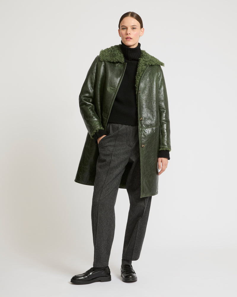 Patent merino straight coat with flat collar - green - Yves Salomon