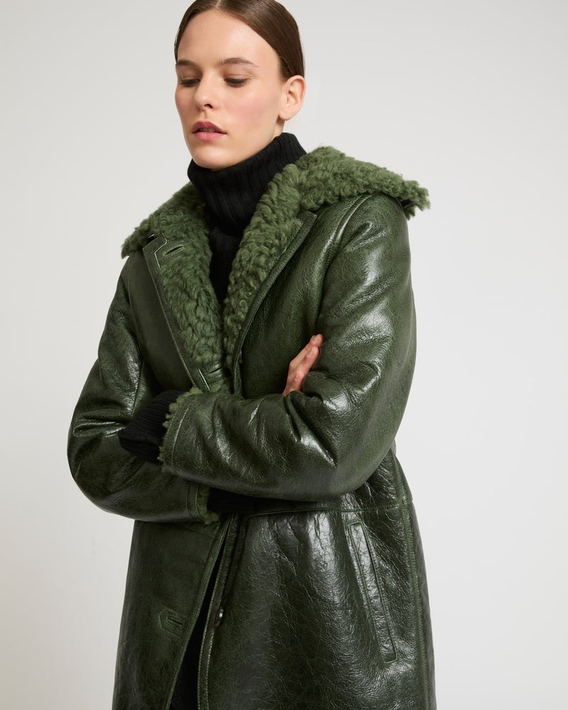 Patent merino straight coat with flat collar - green - Yves Salomon