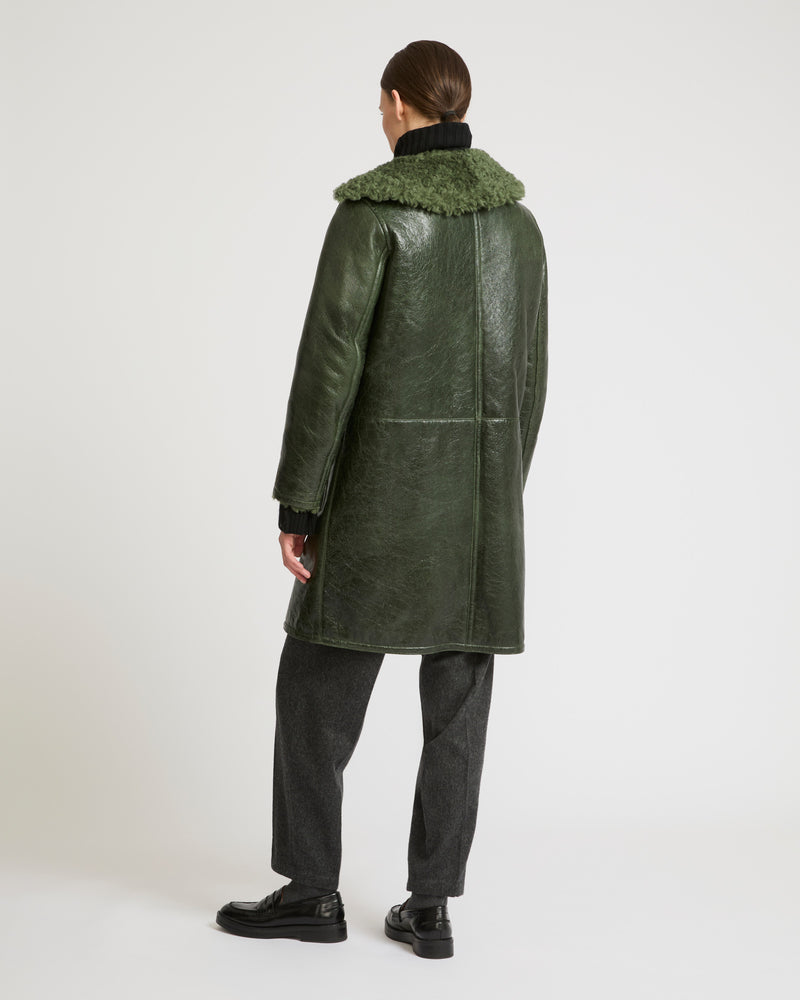 Patent merino straight coat with flat collar - green - Yves Salomon