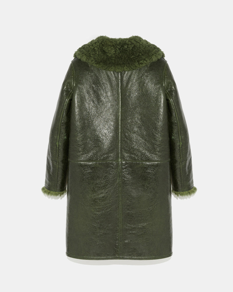 Patent merino straight coat with flat collar - green - Yves Salomon