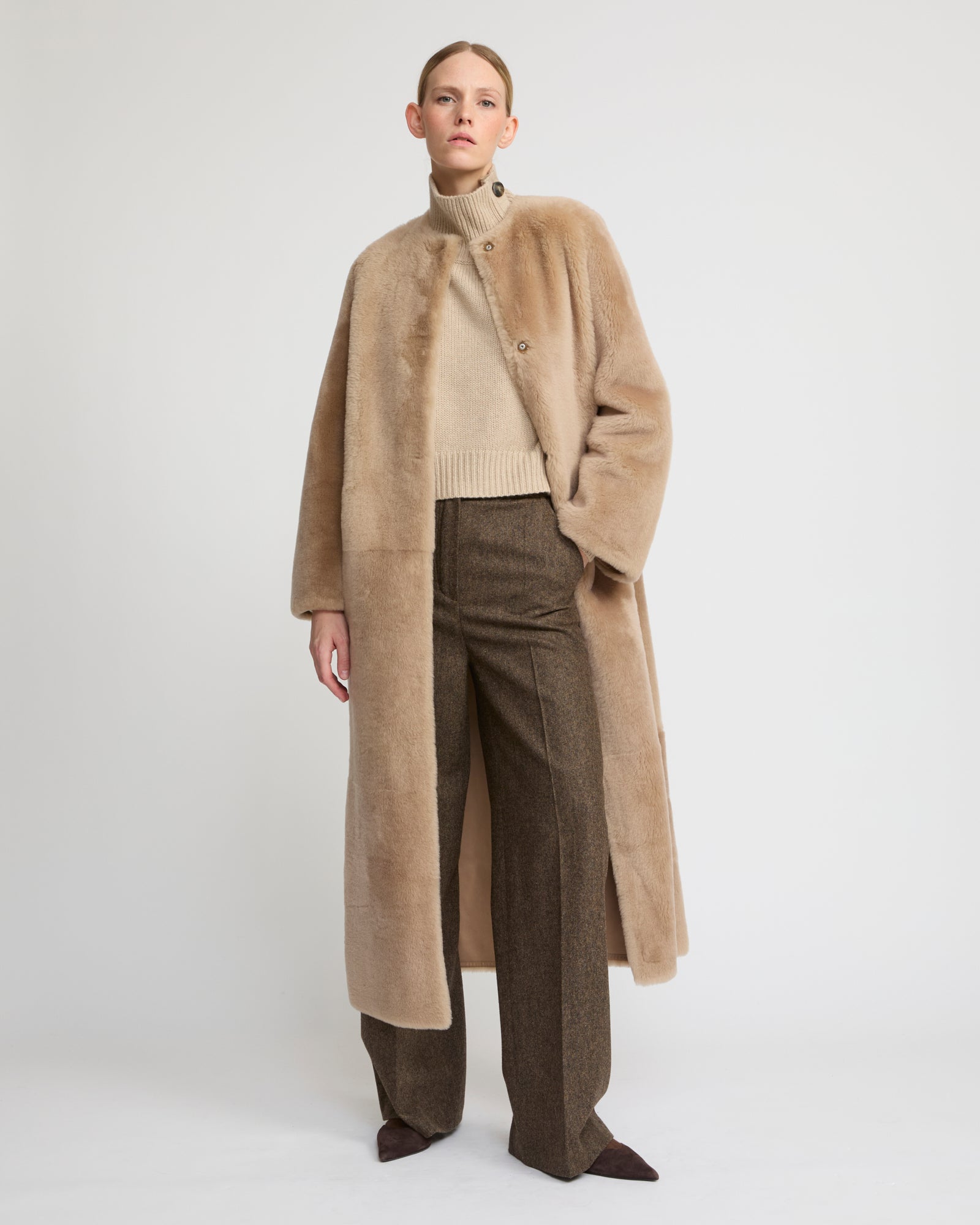 Extra long draped lambskin shearling coat - beige - Yves Salomon