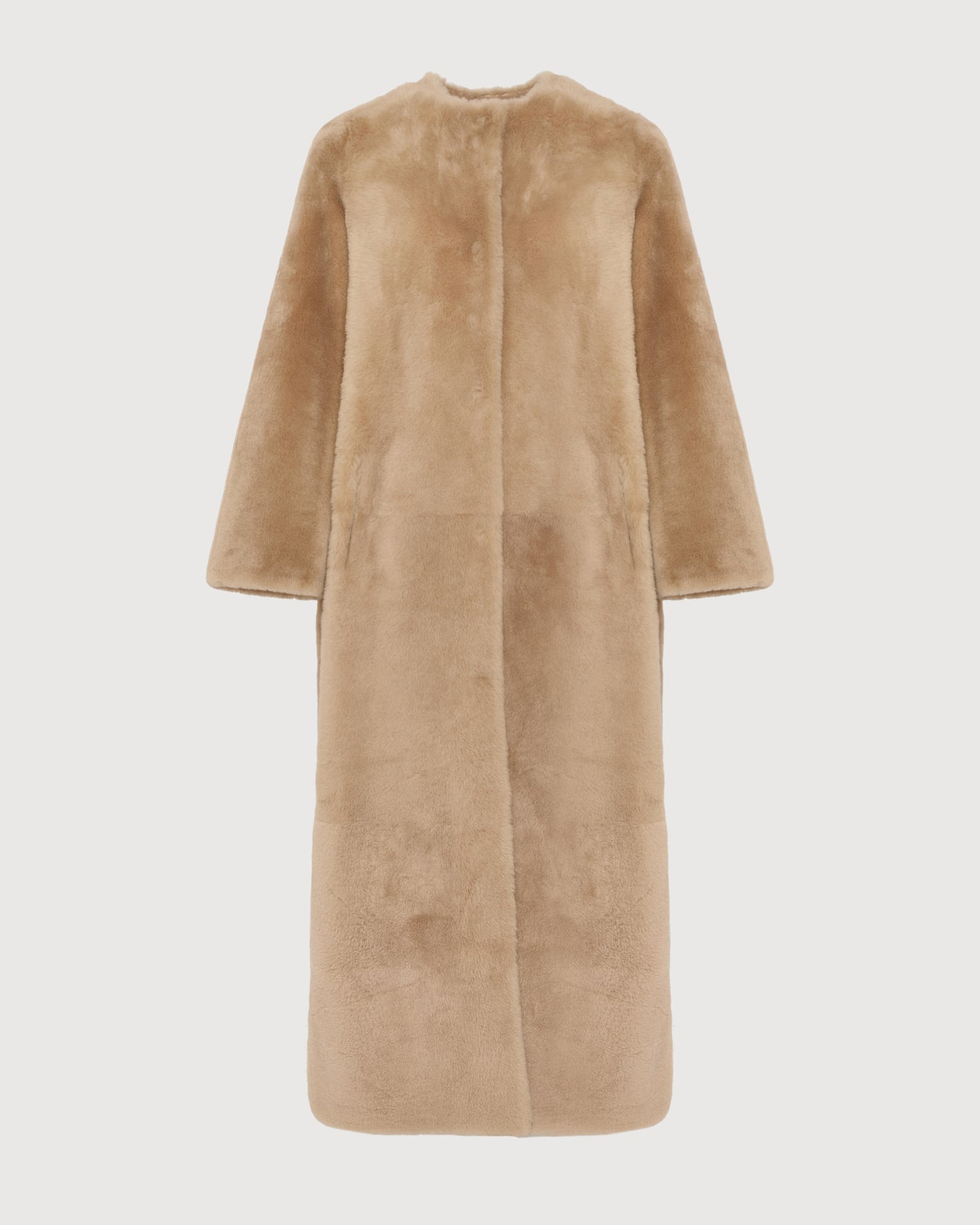 Extra long draped lambskin shearling coat