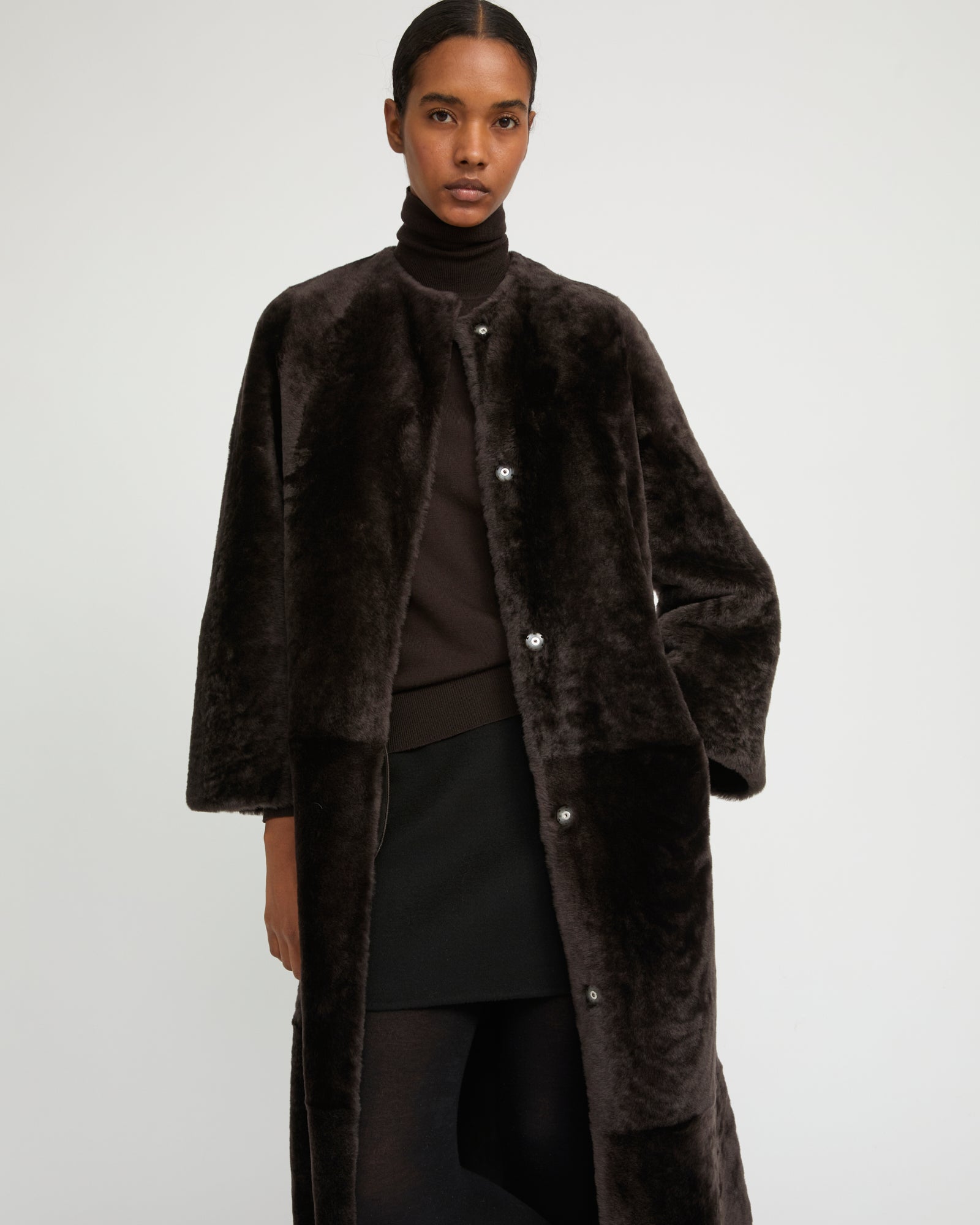 Extra long draped lambskin shearling coat - dark grey - Yves
