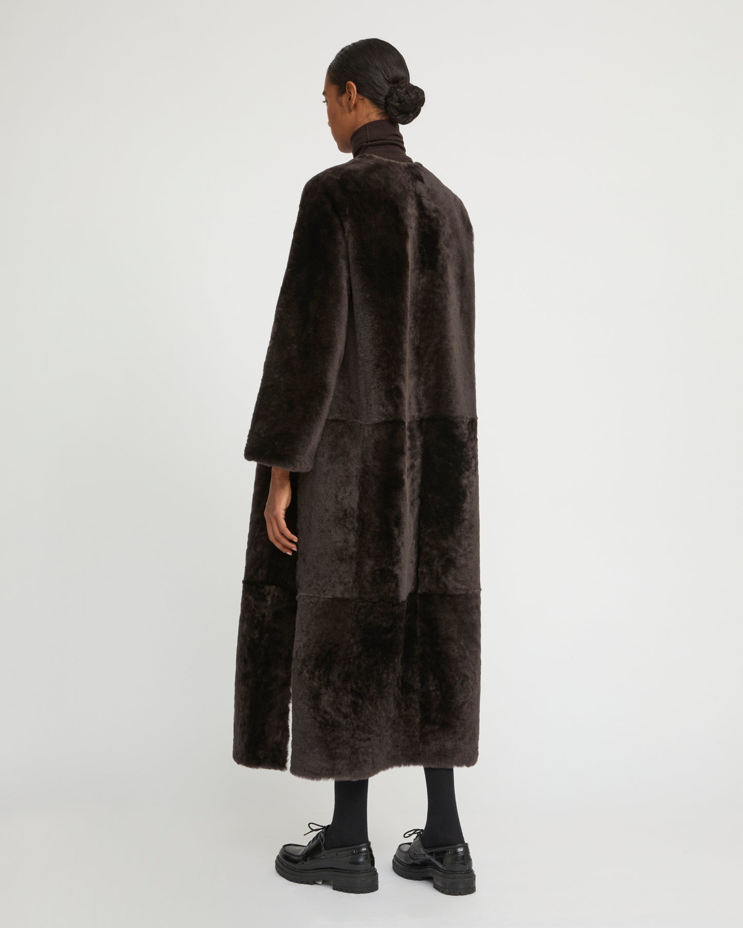 Extra long draped lambskin shearling coat