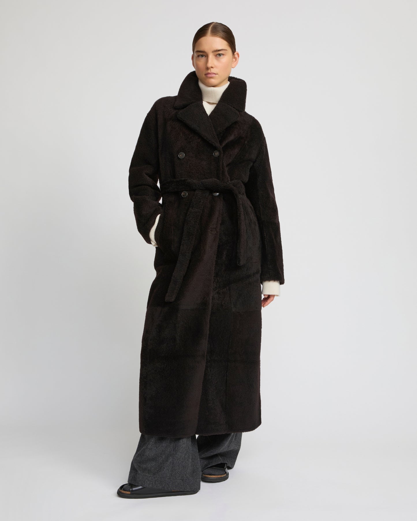 Double-breasted astrakan-style lambskin shearling coat