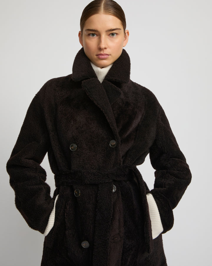 Double-breasted astrakan-style lambskin shearling coat