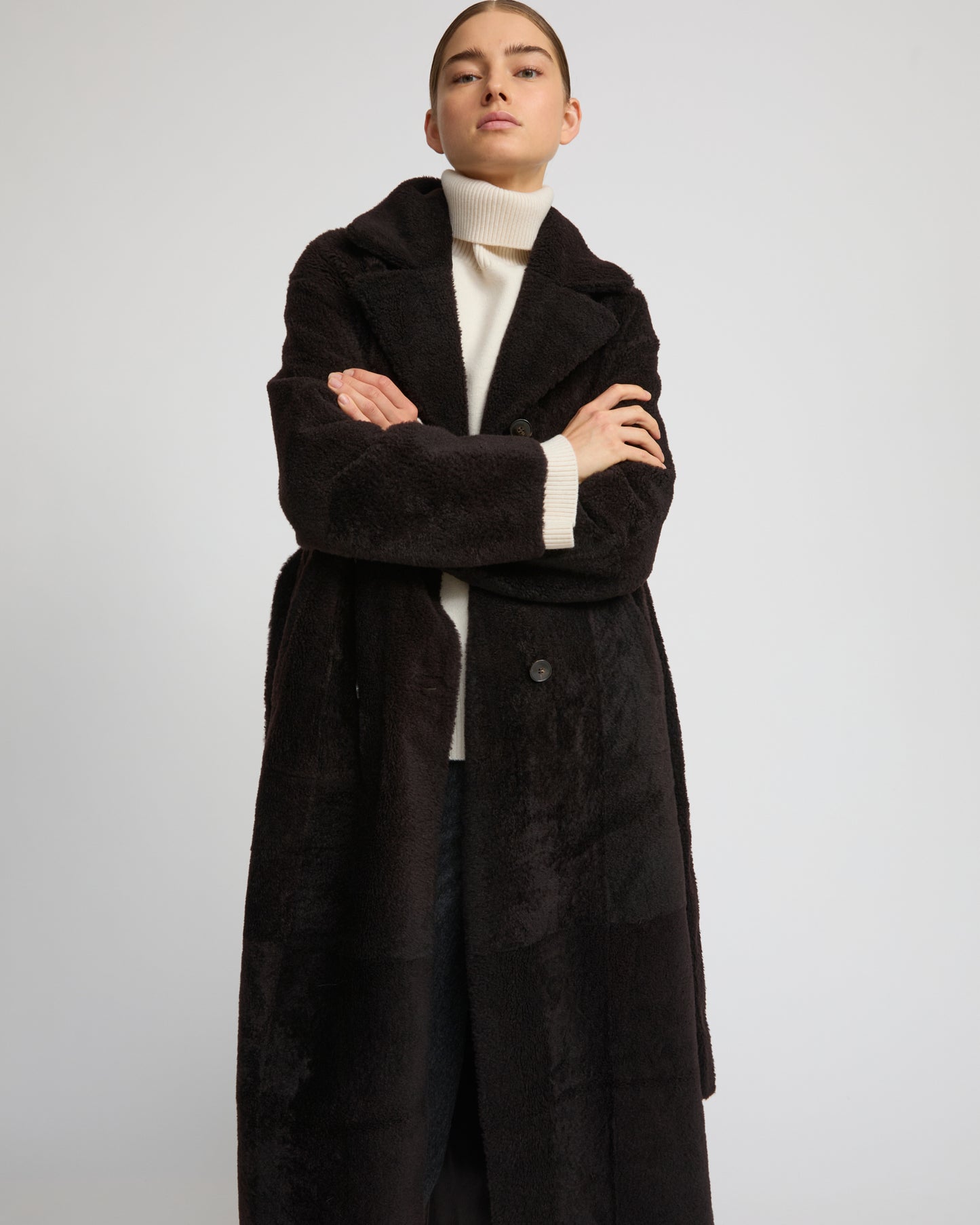 Double-breasted astrakan-style lambskin shearling coat