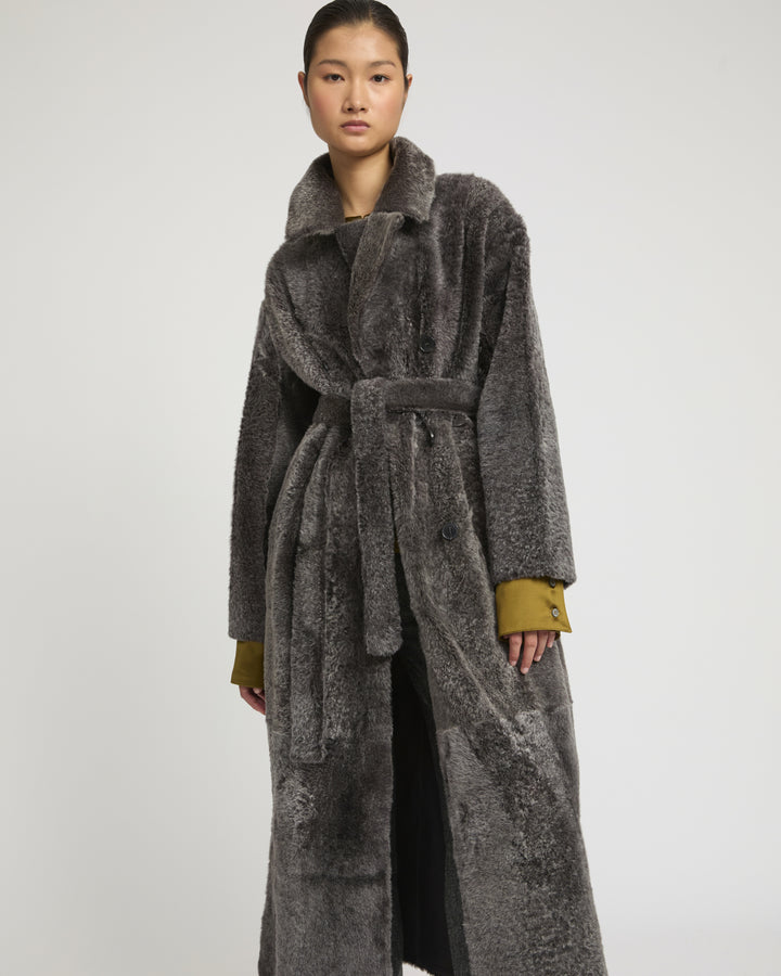 Double-breasted astrakan-style lambskin shearling coat