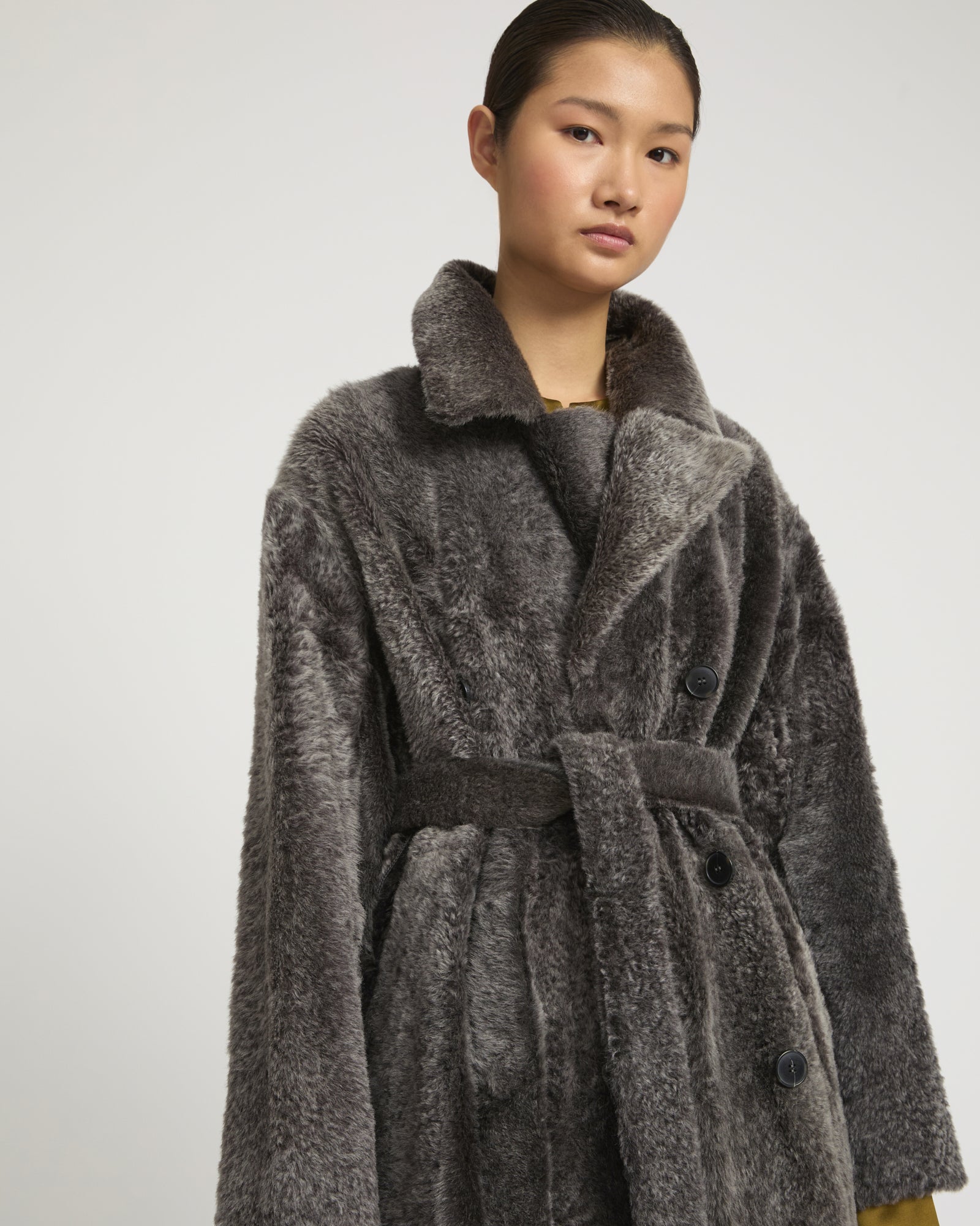 Double-breasted astrakan-style lambskin shearling coat - brown