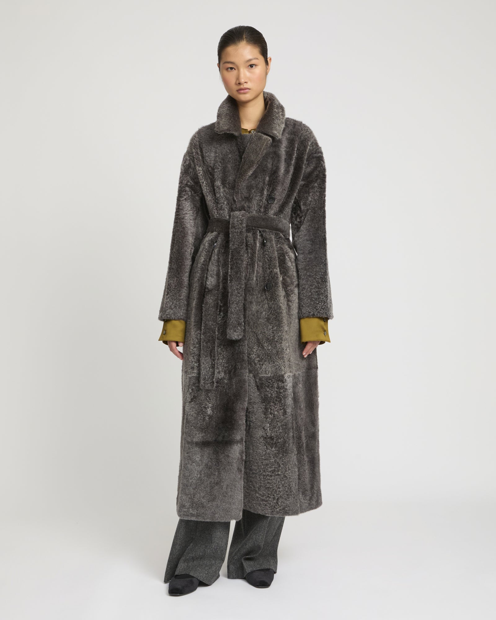 Double-breasted astrakan-style lambskin shearling coat - brown