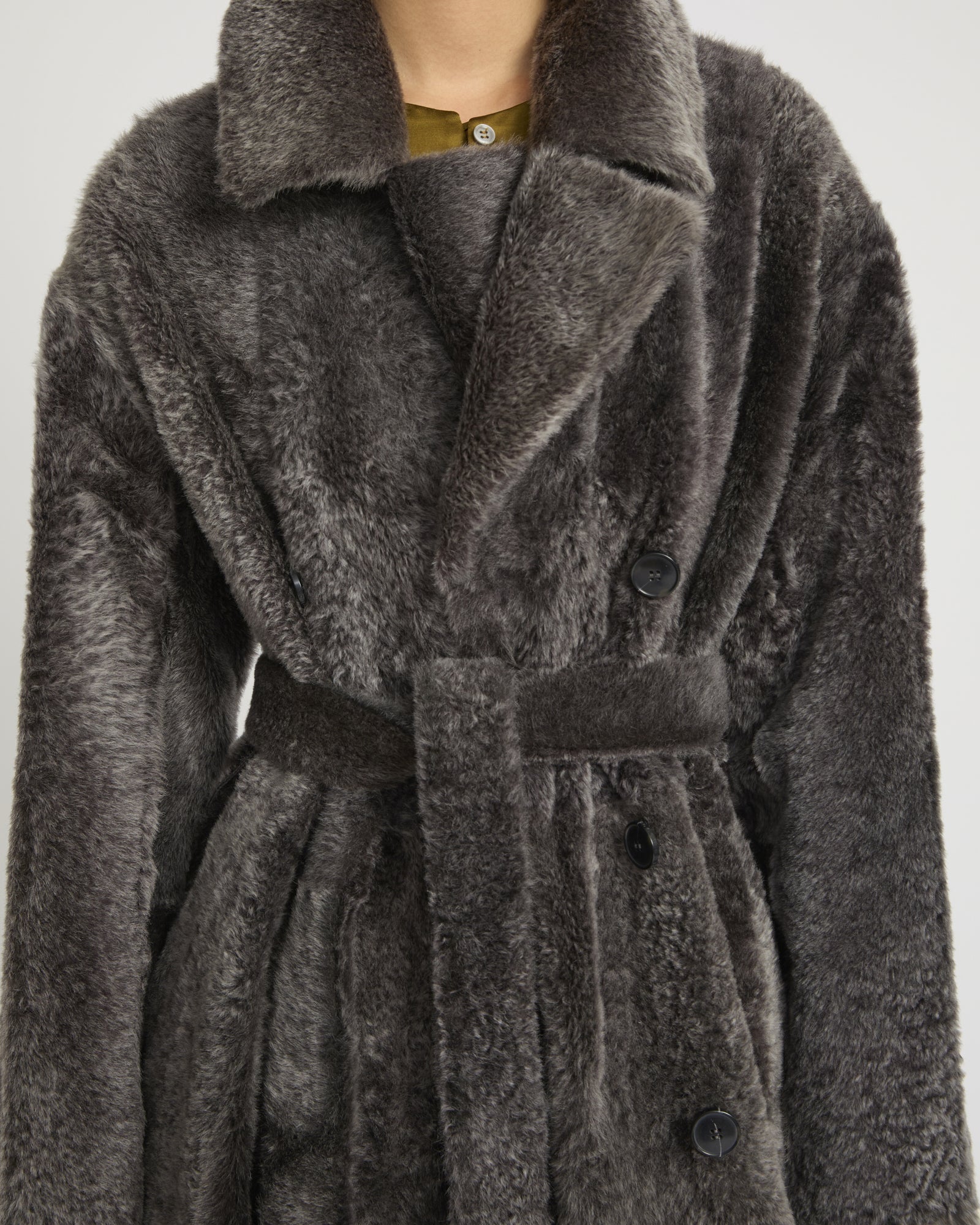 Double-breasted astrakan-style lambskin shearling coat - brown