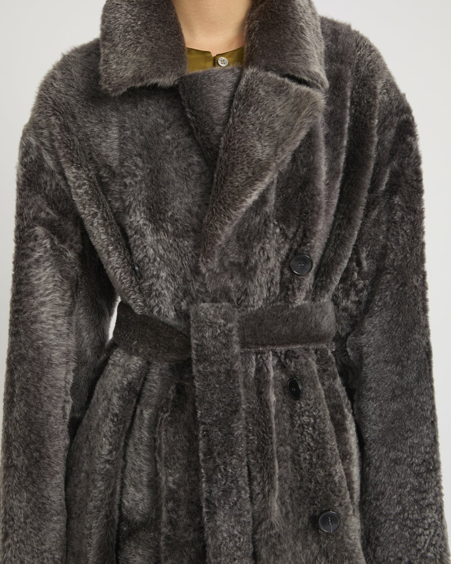 Double-breasted astrakan-style lambskin shearling coat