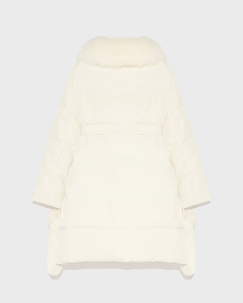 Long belted down jacket in technical fabric with removable fur collar - white - Yves Salomon