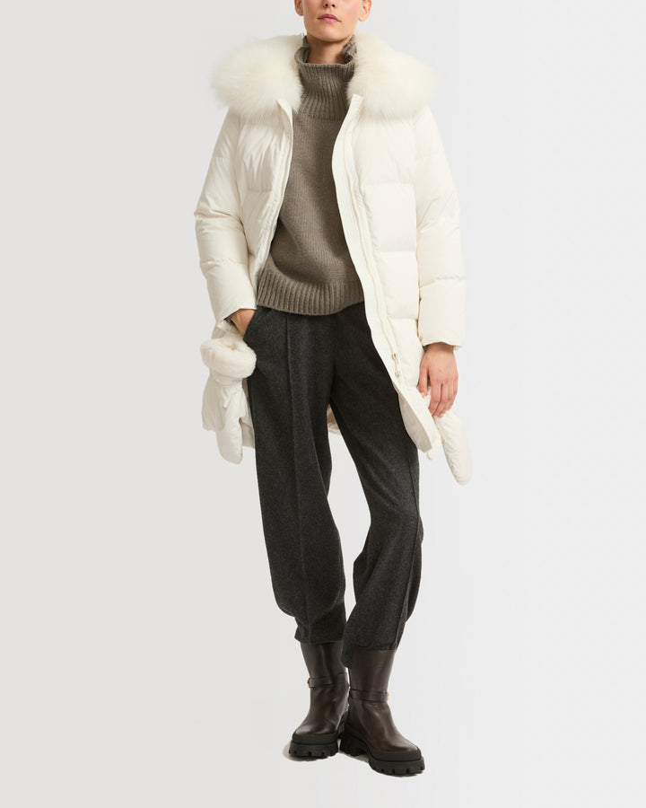 Long belted down jacket in technical fabric with fur collar