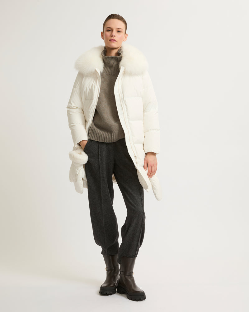 Long belted down jacket in technical fabric with removable fur collar - white - Yves Salomon