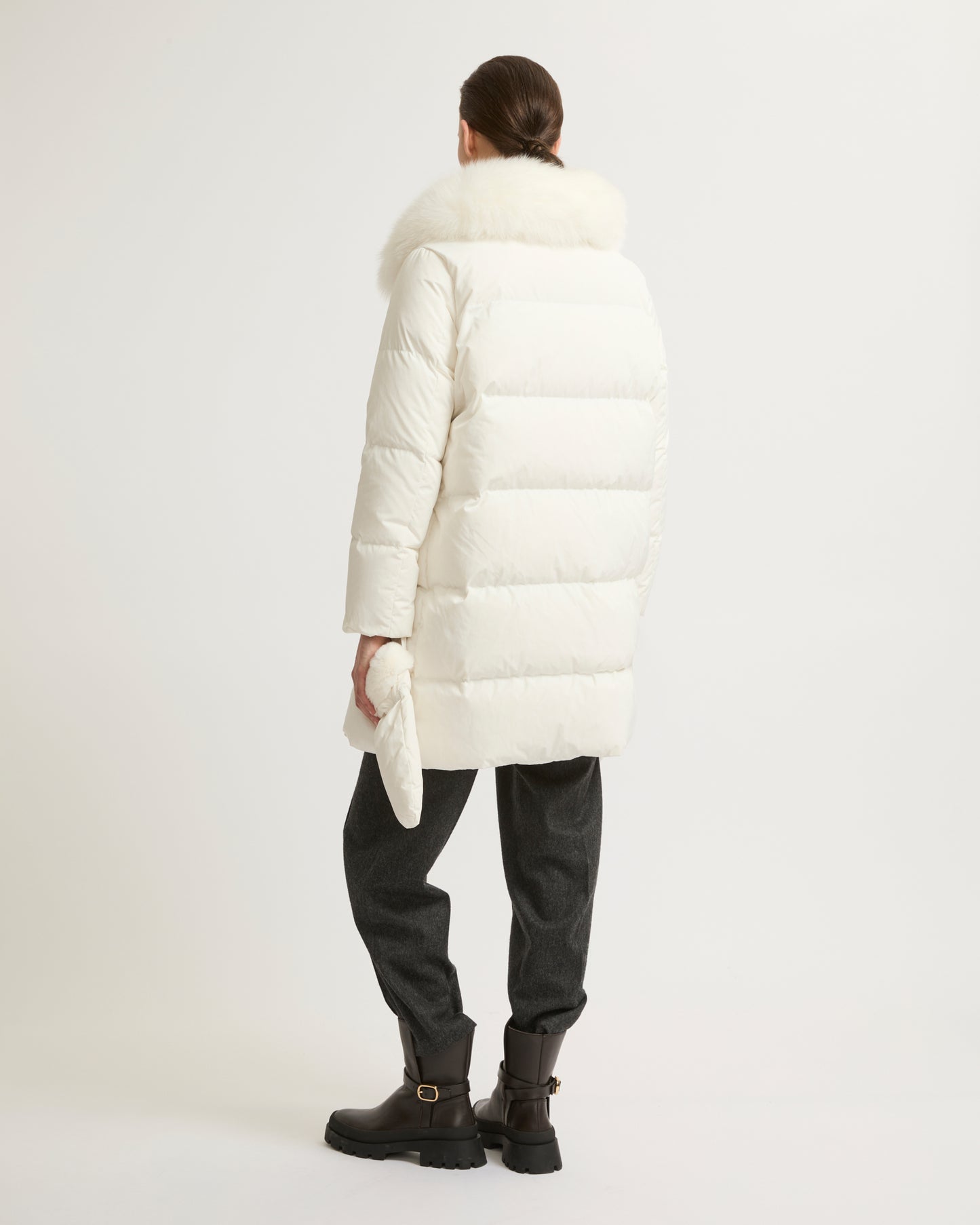 Long belted down jacket in technical fabric with fur collar