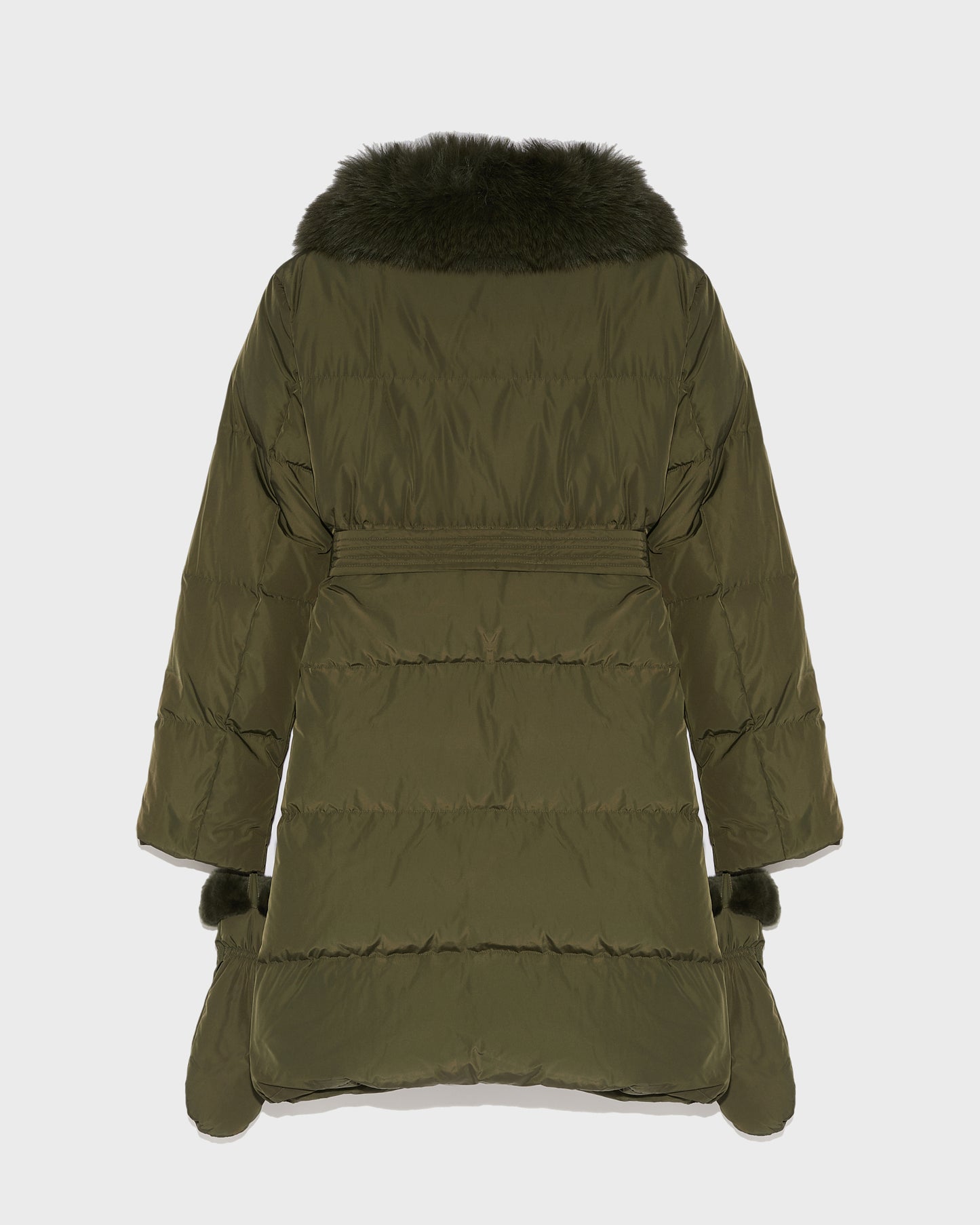 Long belted down jacket in technical fabric with removable fur collar - khaki - Yves Salomon