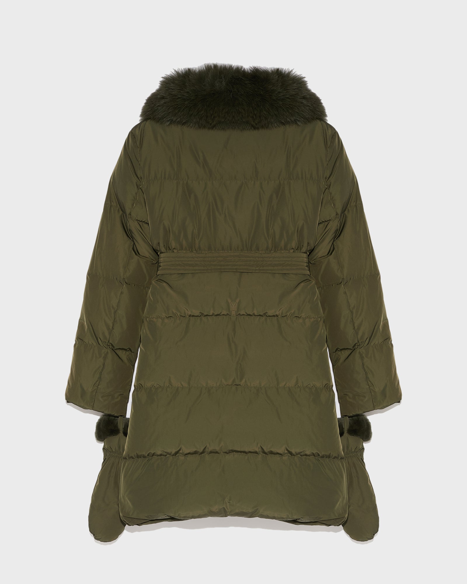 Long belted down jacket in technical fabric with removable fur collar - khaki - Yves Salomon