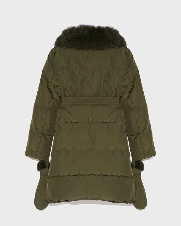 Long belted down jacket in technical fabric with removable fur collar - khaki - Yves Salomon