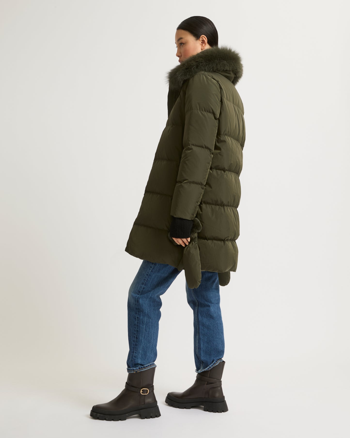 Long belted down jacket in technical fabric with removable fur collar - khaki - Yves Salomon