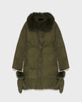 Long belted down jacket in technical fabric with fur collar
