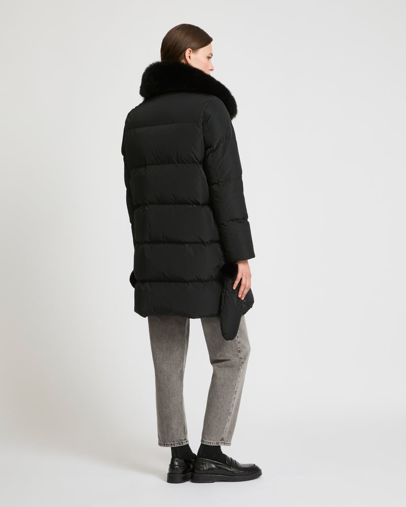 Long belted down jacket in technical fabric with removable fur collar - black - Yves Salomon