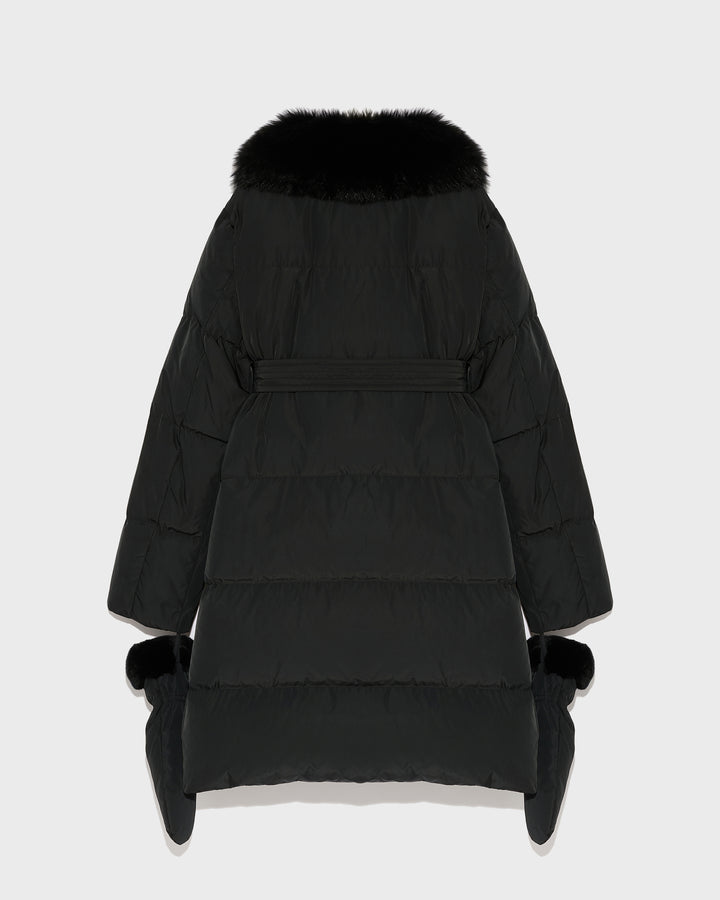 Black Friday - Yves Salomon - Long belted down jacket in technical fabric with fur collar - black - back view