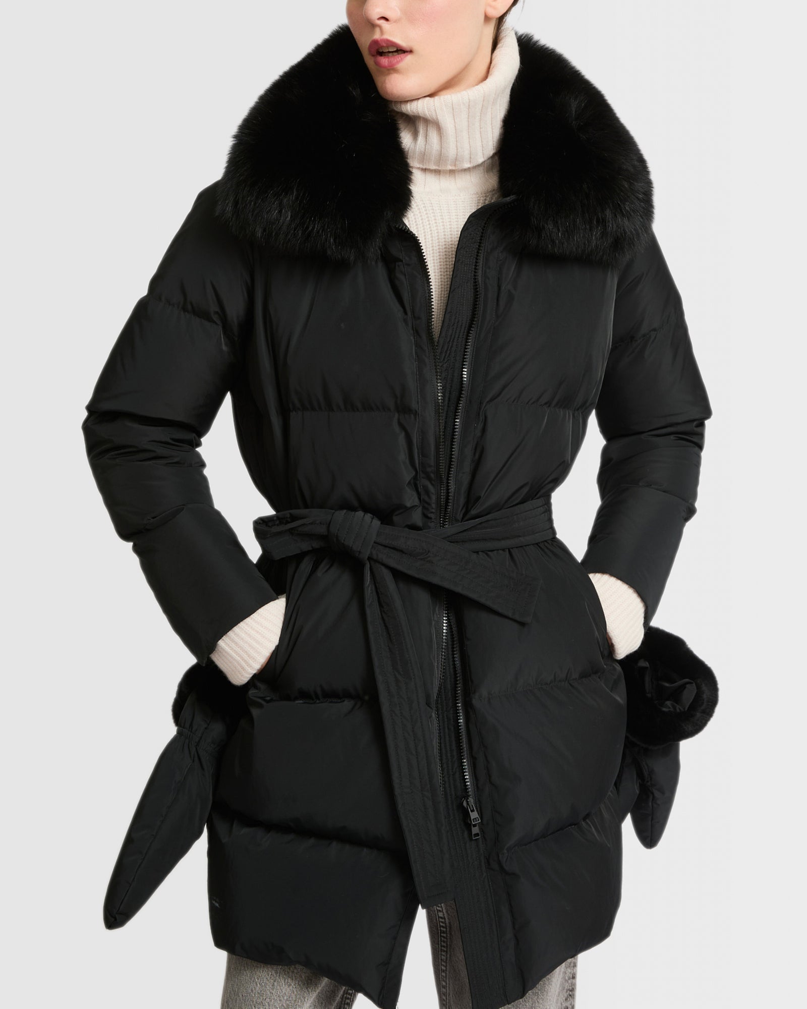 Long belted down jacket in technical fabric with removable