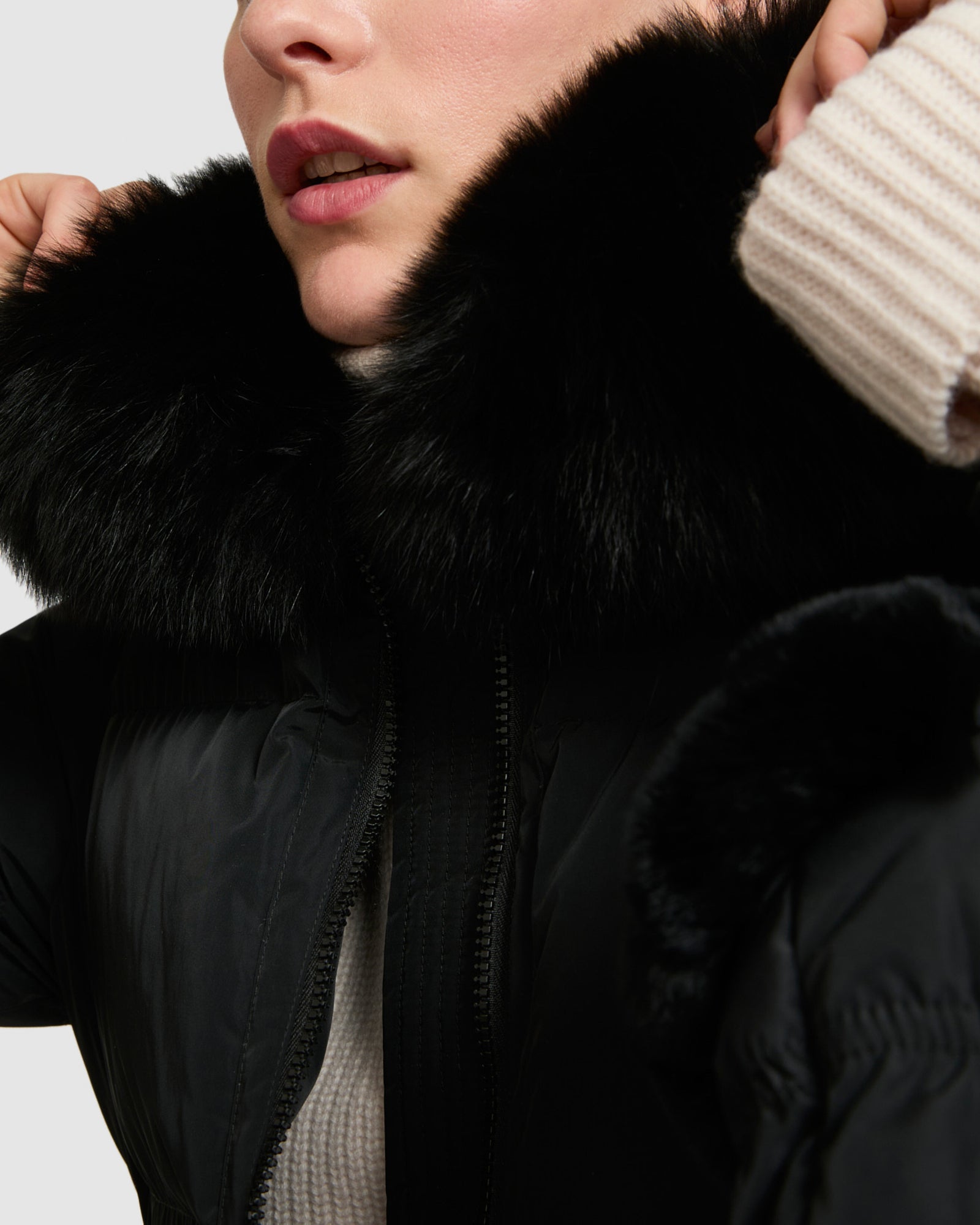 Long belted down jacket in technical fabric with removable