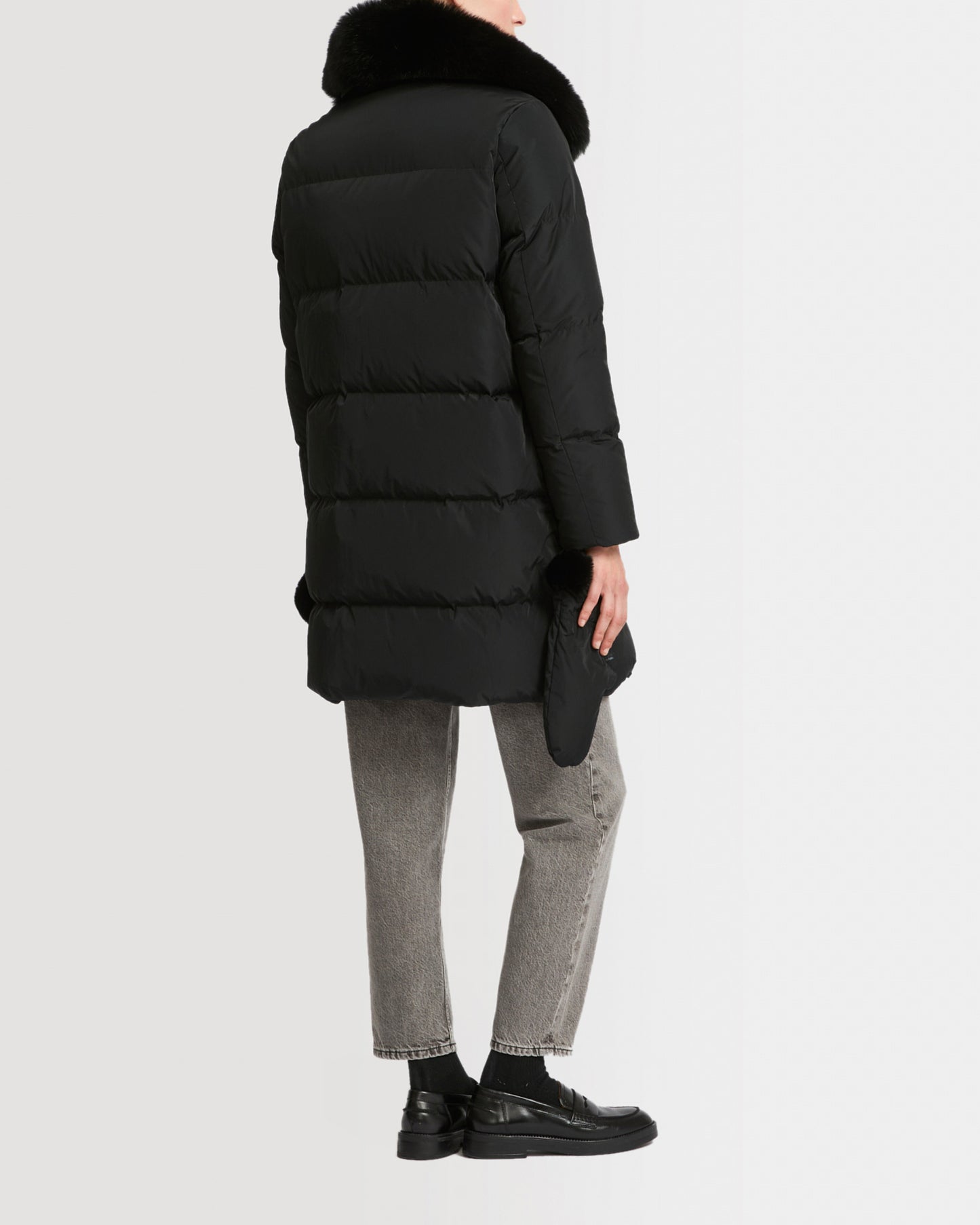 Long belted down jacket in technical fabric with fur collar