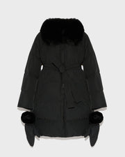 Long belted down jacket in technical fabric with removable fur collar