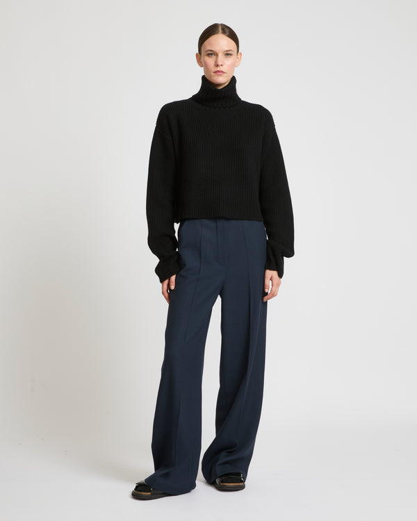 Straight trousers in wool gabardine fabric - navy - Yves Salomon