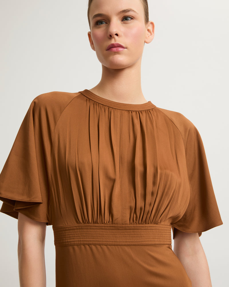 Long belted dress in matte satin fabric - brown - Yves Salomon