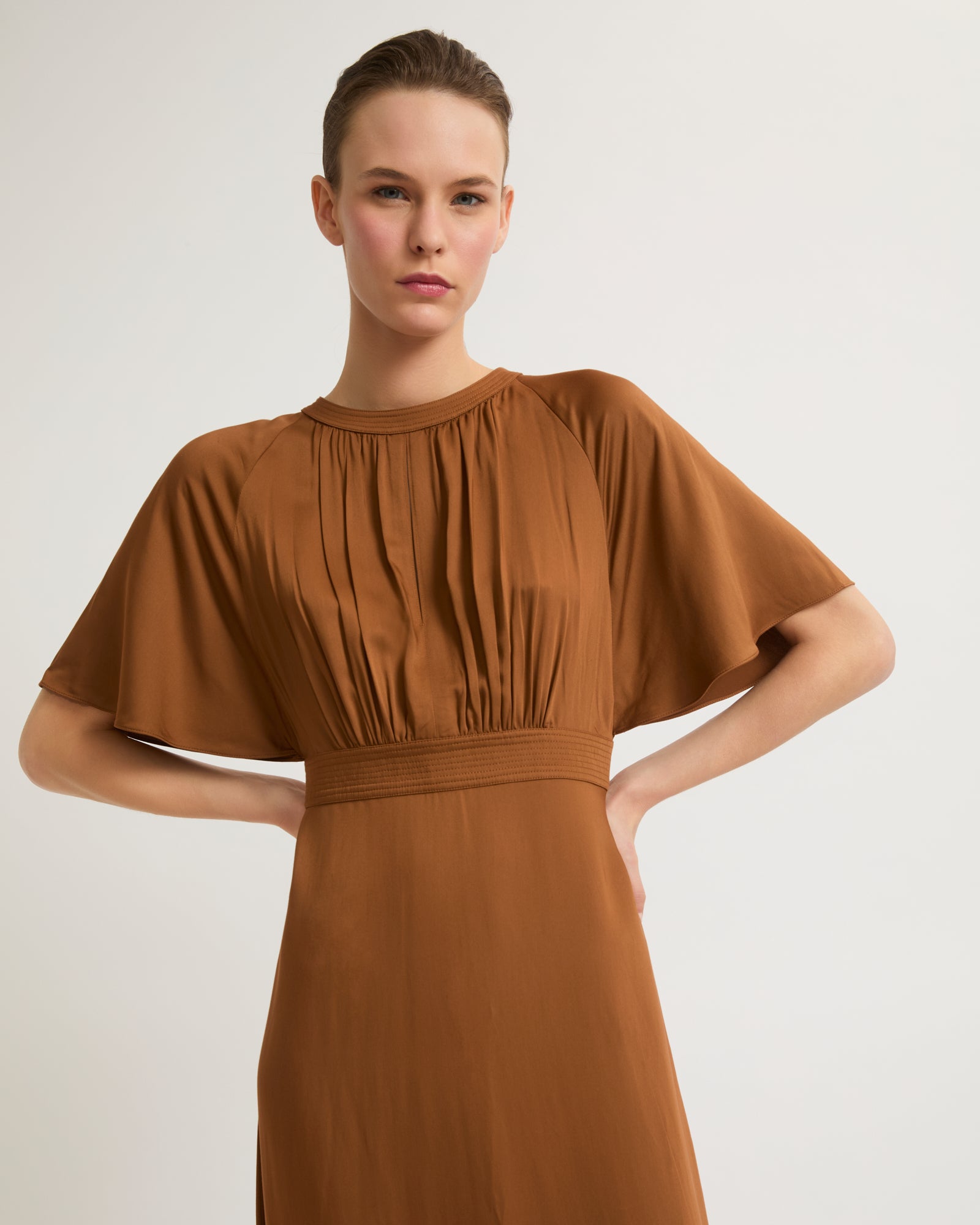 Long belted dress in matte satin fabric-Yves salomon-Winter sale & boxing day