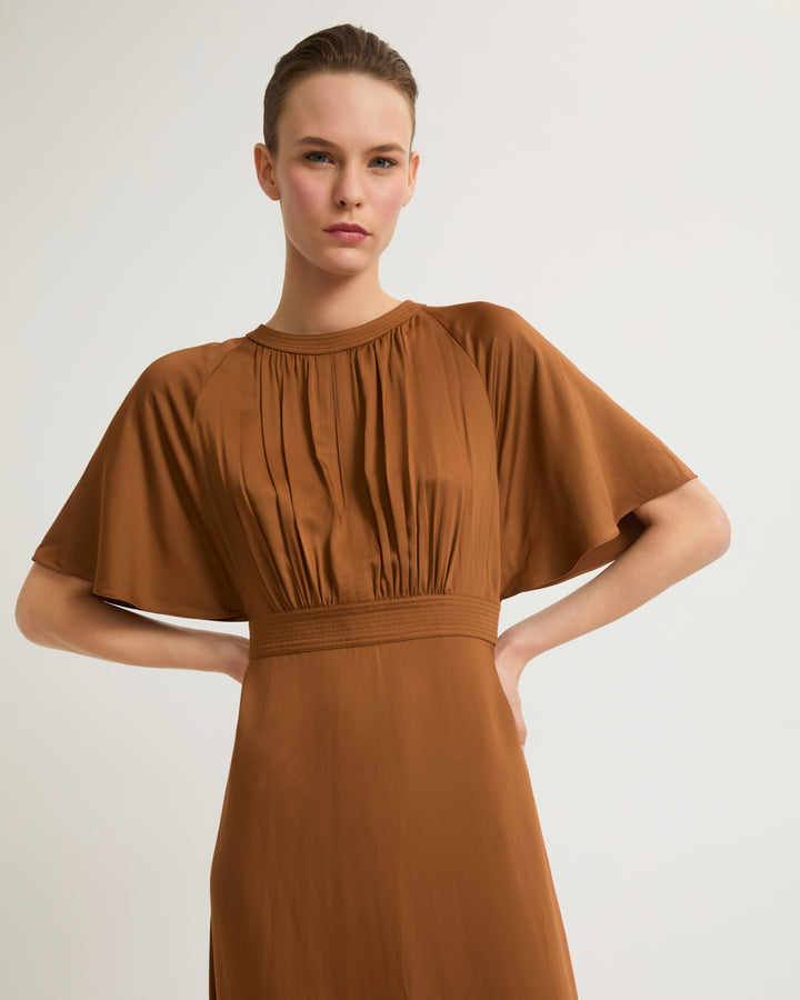 Long belted dress in matte satin fabric-Yves salomon-Winter sale & boxing day