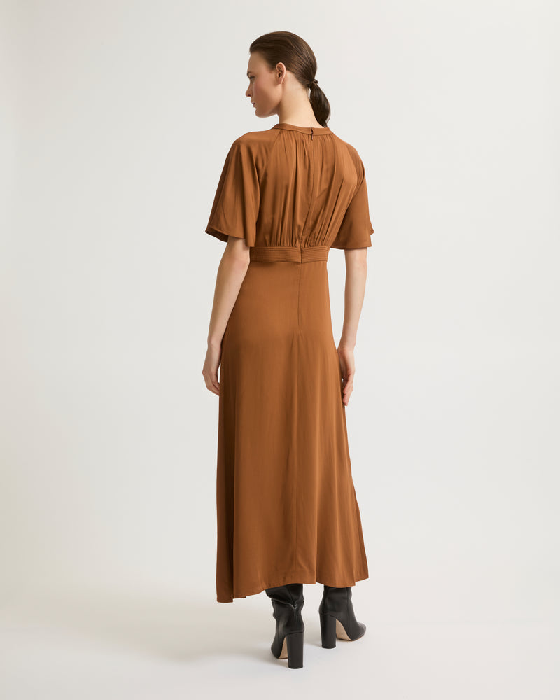 Long belted dress in matte satin fabric - brown - Yves Salomon