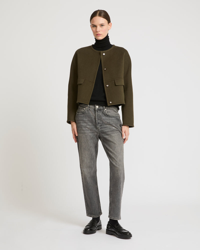 Double-sided cashmere blend round neck jacket - khaki - Yves Salomon