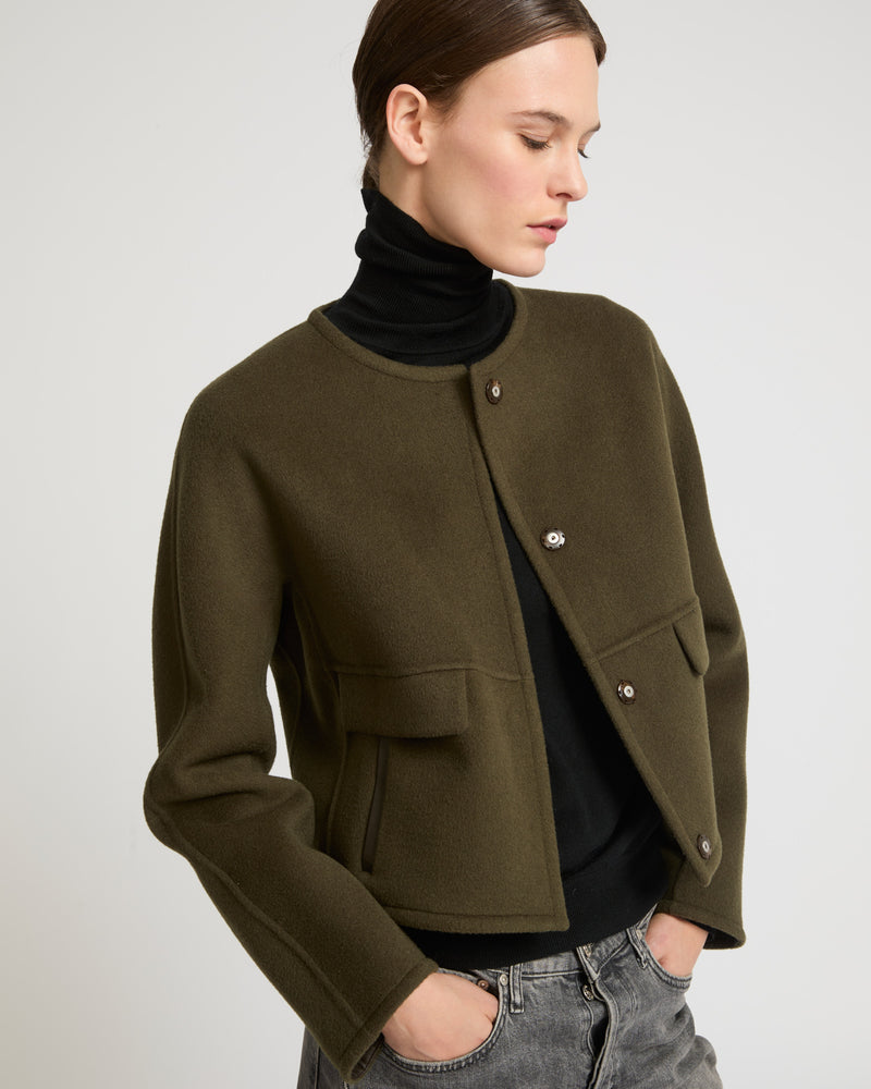 Double-sided cashmere blend round neck jacket - khaki - Yves Salomon