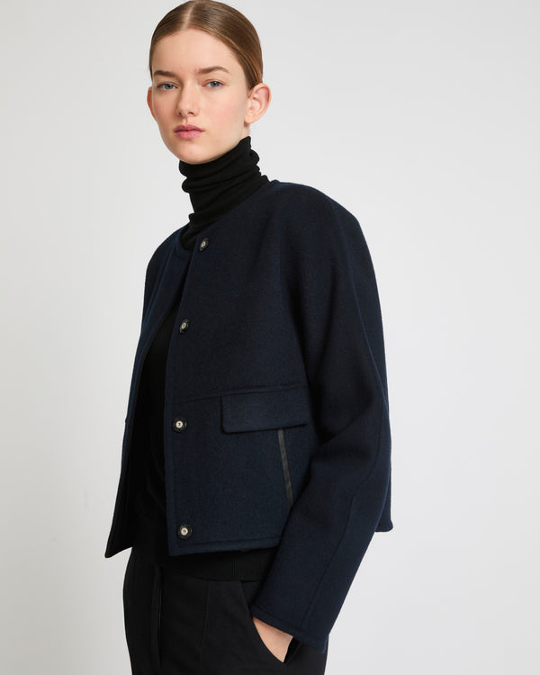 Double-sided cashmere blend round neck jacket - navy - Yves Salomon