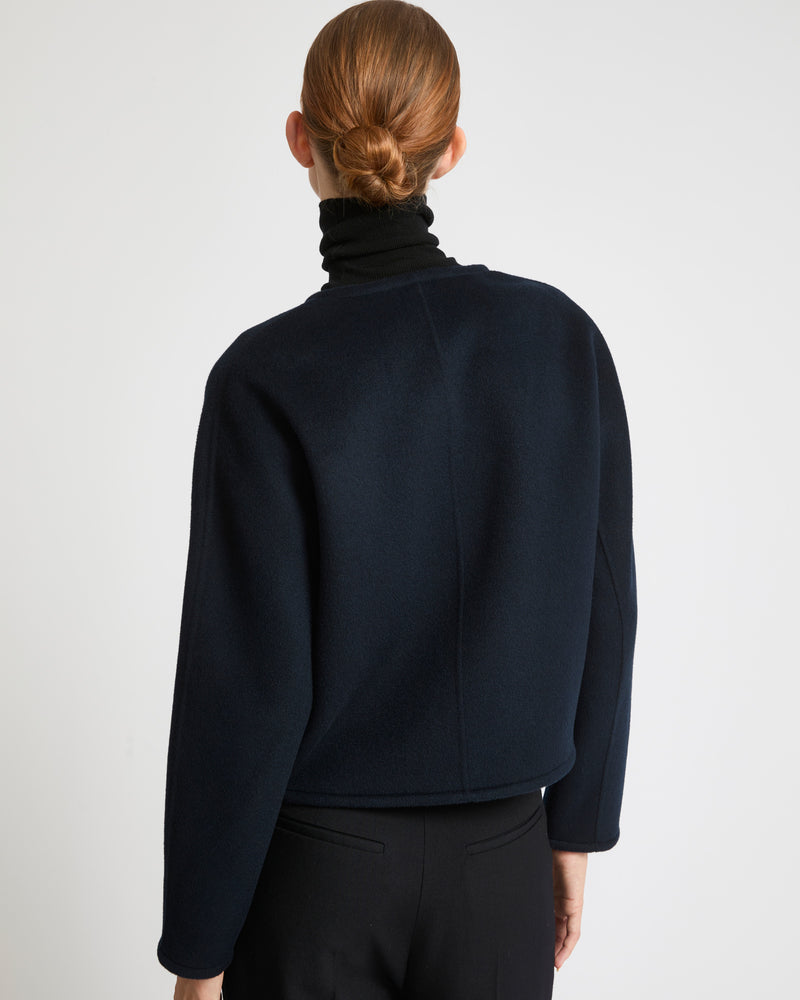 Double-sided cashmere blend round neck jacket - navy - Yves Salomon