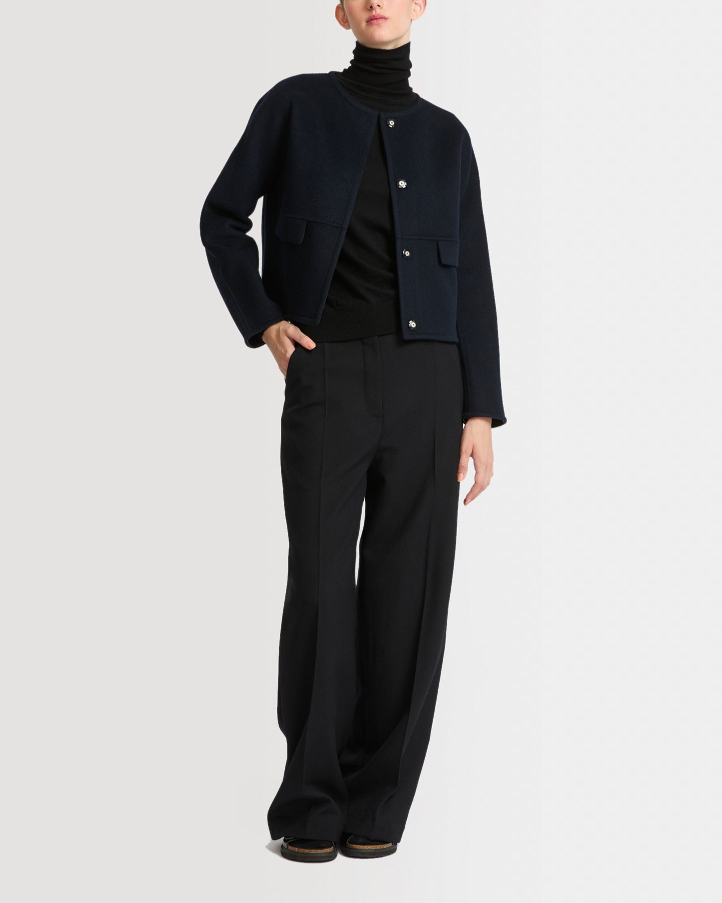 Double-sided cashmere blend round neck jacket