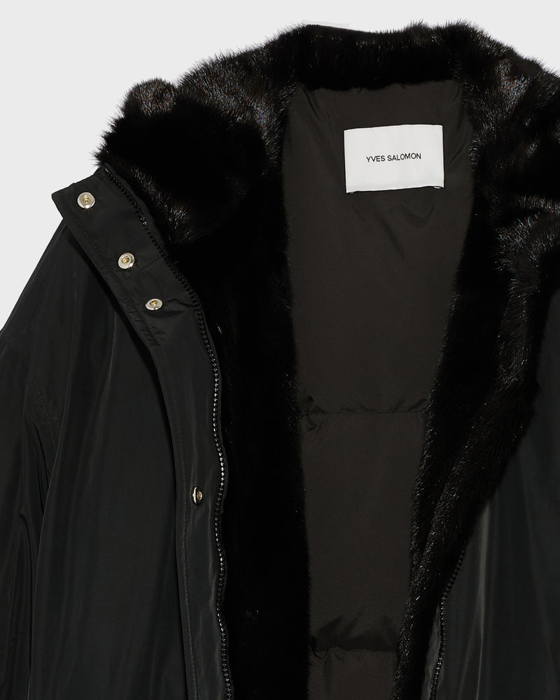 Hooded down jacket in technical fabric and mink fur - black - Yves Salomon