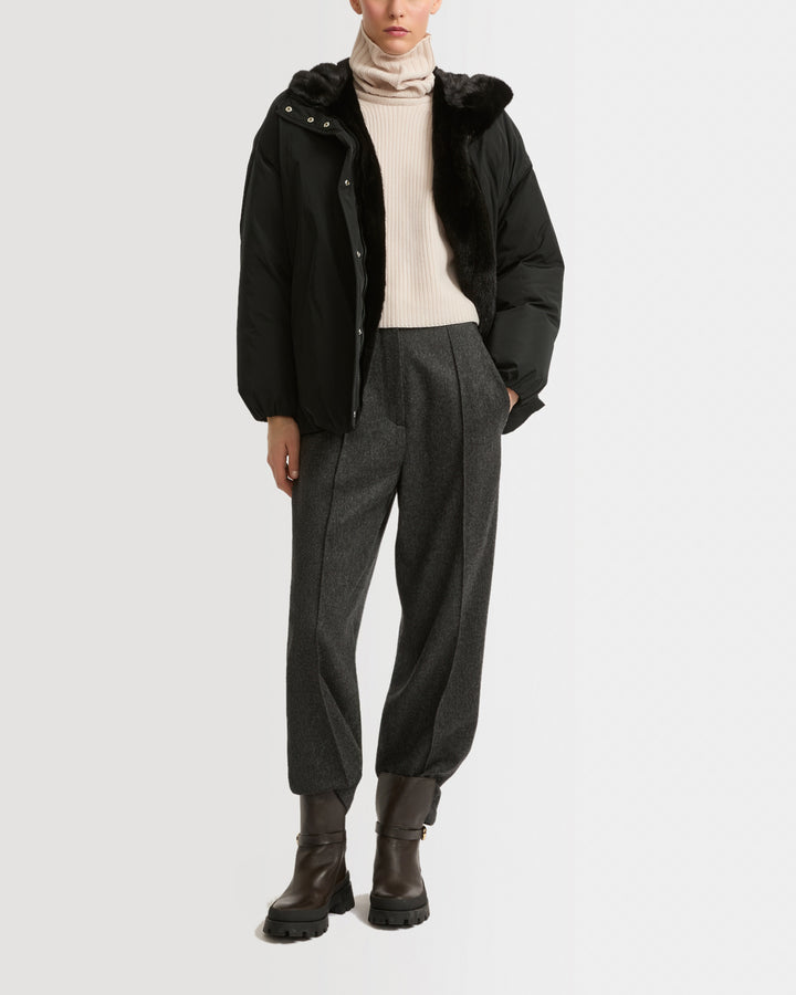 Hooded down jacket in technical fabric and mink fur