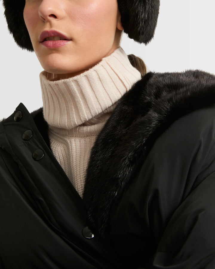 Hooded down jacket in technical fabric and mink fur