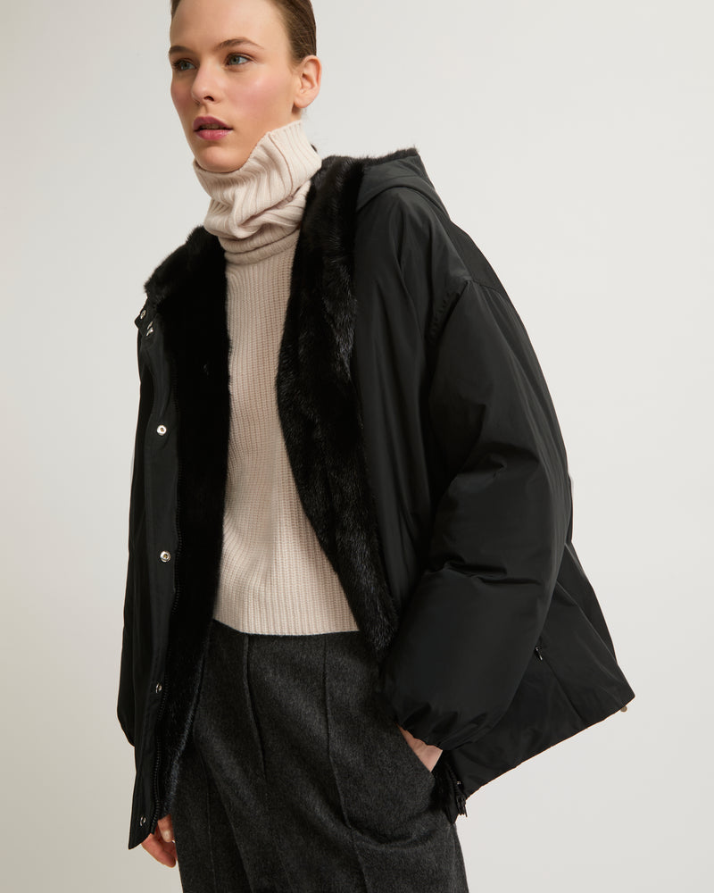 Hooded down jacket in technical fabric and mink fur - black - Yves Salomon