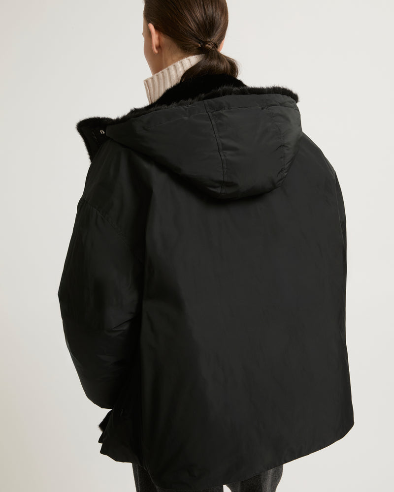 Hooded down jacket in technical fabric and mink fur - black - Yves Salomon