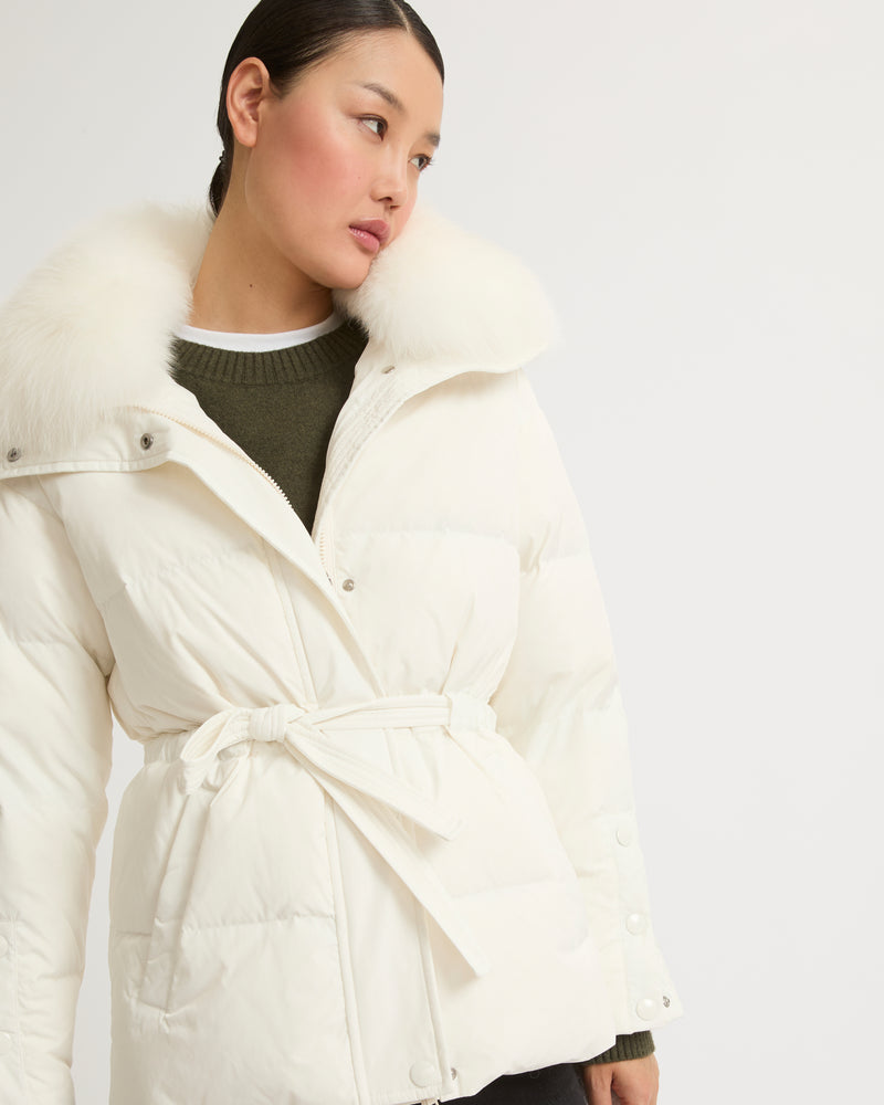 Belted technical fabric down jacket with detachable fox fur collar - white - Yves Salomon