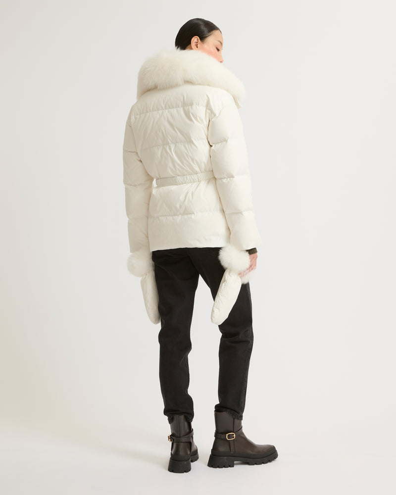 Belted technical fabric down jacket with detachable fox fur collar - white - Yves Salomon